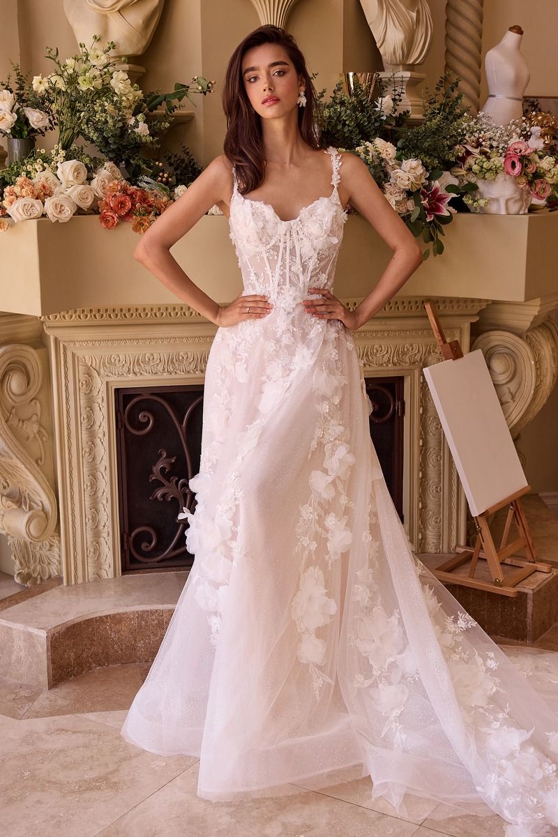 Floral Lace Appliqué Wedding Dress with Illusion Corset Bodice – Romantic A-Line Gown CDWL045-0